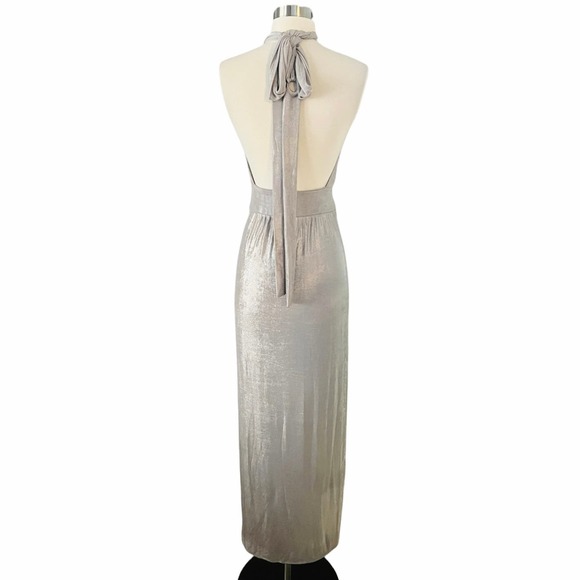 T. ZOVICH Maxi Dress Slinky Metallic Silver Multiway Halter Open Back Slits S/M - Picture 4 of 10